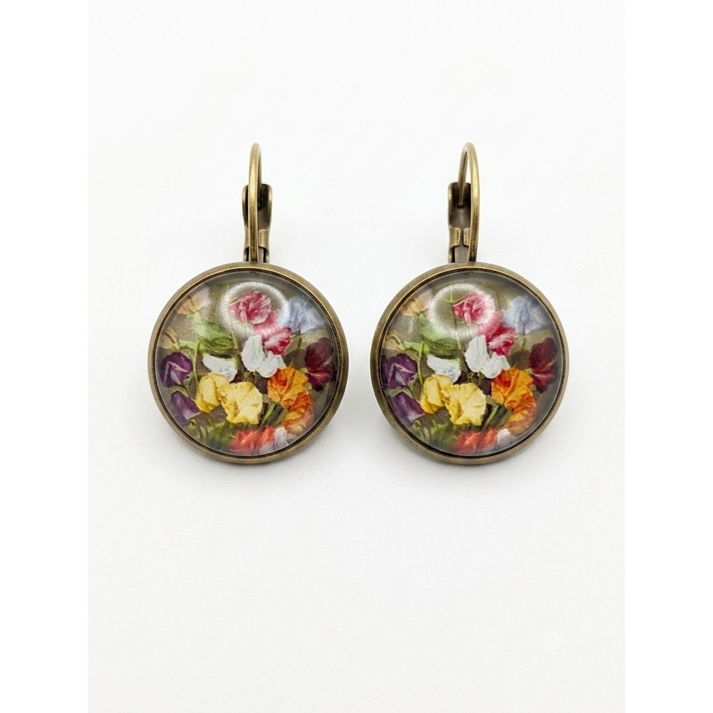 Retro Antique Style Bronze Floral Cabochon Leverback Earrings - Picture 1 of 3